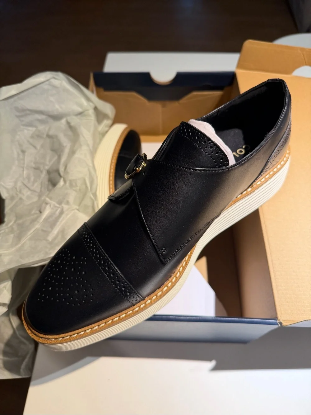Cole Haan Black Leather Wingtip Derby with White Platform Sole